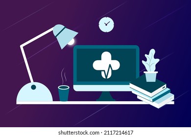 Online health tele medicine flat illustration. Online medical healthcare consultation and treatment via application of computer connected internet clinic. Online ask doctor consultation technology.