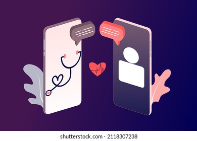 Online health tele medicine flat illustration. Online medical healthcare consultation and treatment via mobile phone application of computer connected internet clinic. Online ask doctor consultation.