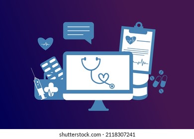 Online health tele medicine flat illustration. Online medical healthcare consultation and treatment via mobile phone application of computer connected internet clinic. Online ask doctor consultation.