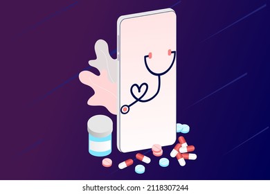 Online health tele medicine flat illustration. Online medical healthcare consultation and treatment via mobile phone application of computer connected internet clinic. Online ask doctor consultation.