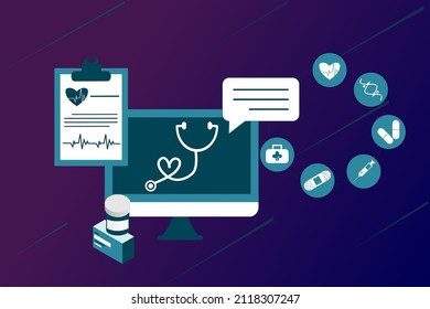 Online health tele medicine flat illustration. Online medical healthcare consultation and treatment via mobile phone application of computer connected internet clinic. Online ask doctor consultation.