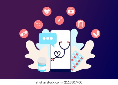 Online health tele medicine flat illustration. Online medical healthcare consultation and treatment via mobile phone application of computer connected internet clinic. Online ask doctor consultation.