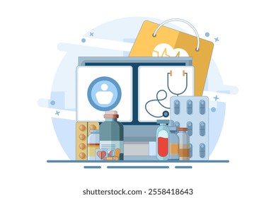 Online health telemedicine concept. Online medical consultation and healthcare services via internet clinic device application connected to computer. Online doctor consultation. Flat vector illustrati