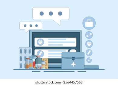 Online health telemedicine concept. Online medical consultation and healthcare services via internet clinic mobile application connected to computer. Online doctor consultation. Flat vector illustrati