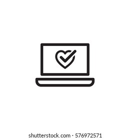 Online Health Tests And Medical Services Icon. Flat Design. Isolated Laptop With Heart And Check Symbol.