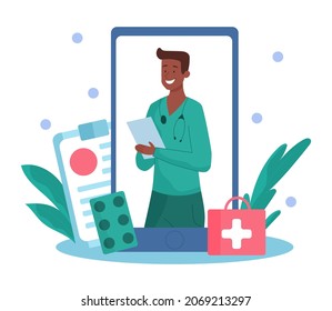 Online healthcare concept. Doctor stands in smartphone. Specialist offers patient methods of treating illness. Online medicine, video call, consultation, internet. Cartoon flat vector illustration