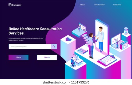 Online Healthcare Consultation service platform with isometric illustration of smartphone, doctor, patient and medical equipments for responsive web template design.