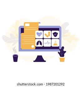 Online healthcare flat illustration. Online medical consultation and treatment via app smartphone or computer connected internet clinic. Online ask doctor consultation technology in mobile vector.