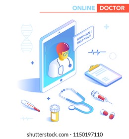 Online Healthcare Isometric Concept. Medical Consultation, Diagnostics Application on Computer, Tablet, Smartphone. Modern Medical Technology with Doctor. Vector illustration
