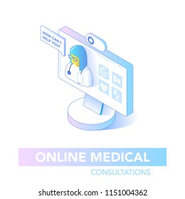 Online Healthcare Isometric Concept. Medical Consultation, Diagnostics Application on Computer. Modern Medical Technology with Doctor. Vector illustration