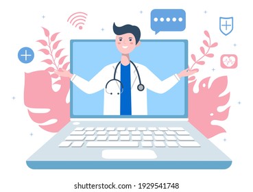 Online Healthcare and Medical Concept of Doctor Vector Illustration, Medicine Consultation and Treatment via Application of Smartphone or Computer Connected Internet Clinic