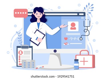 Online Healthcare and Medical Concept of Doctor Vector Illustration, Medicine Consultation and Treatment via Application of Smartphone or Computer Connected Internet Clinic