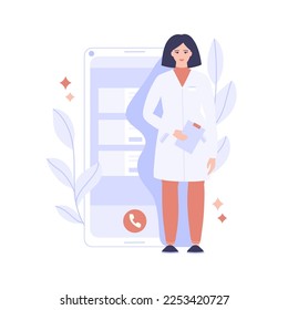 Online healthcare and medical concept. Phone consultation with a doctor. Emergency assistance at any time using a special mobile application. Vector illustration.