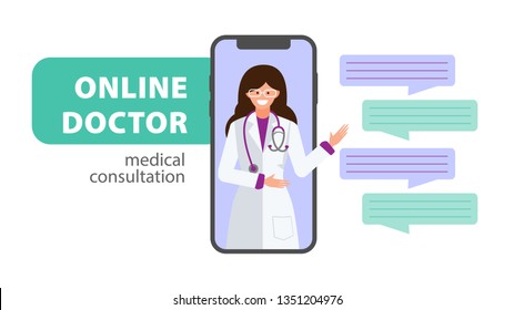 Online healthcare. Medical Consultation by Internet with Doctor. Medicine Concept. Medical Service Online for Patients. Telemedicine. Vector Illustration