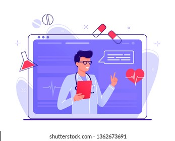 Online healthcare. Medical Consultation by Internet with Doctor. Medicine Concept. Medical Service Online for Patients. Telemedicine. Vector Illustration