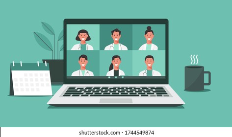 Online Healthcare And Medical Consultation Services Concept, Group Of Doctors Video Conferencing With Stethoscope On Laptop Screen, Teleconference, New Normal, Flat Vector Illustration