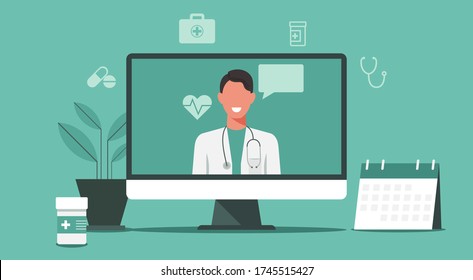 online healthcare and medical consultation services concept, doctor teleconferencing with stethoscope on computer screen, conference video call, new normal, icon flat vector illustration