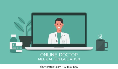 Online Healthcare And Medical Consultation And Support Services Concept, Doctor Teleconferencing With Stethoscope On Computer Laptop Screen, Conference Video Call, New Normal, Flat Vector Illustration