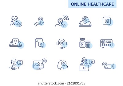 Online Healthcare Service Icons Set. Video Consultation, Support, Review And Chat. Pixel Perfect, Editable Stroke Line Art