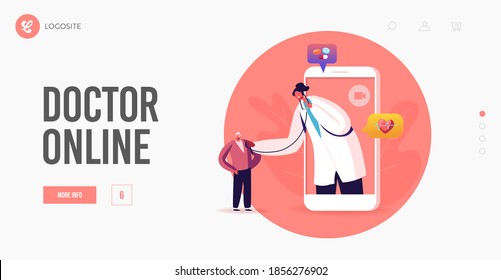 Online Healthcare Service Landing Page Template. Doctor Character on Smartphone Screen Listen Patient Heart Beating with Stethoscope. Hi-Tech Health Care Technology. Cartoon People Vector Illustration