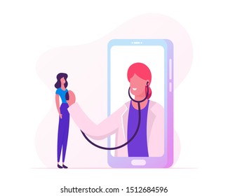 Online Healthcare Service. Professional Doctor In White Coat On Big Smartphone Screen Listen Patient Heart Beating With Stethoscope. Hi-Tech Health Care Technologies. Cartoon Flat Vector Illustration