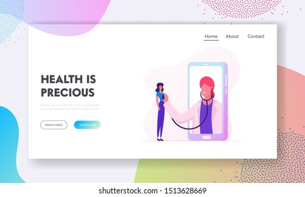 Online Healthcare Service Website Landing Page. Doctor on Big Smartphone Screen Listen Patient Heart Beating with Stethoscope. Health Care Technology Web Page Banner. Cartoon Flat Vector Illustration