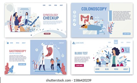 Online Healthcare Services Flat Landing Page Set. Gynecology for Women Health Protect. Colonoscopy, Gastroscopy, Blood Test for Disease Preventing and Treatment. Vector Cartoon Illustration