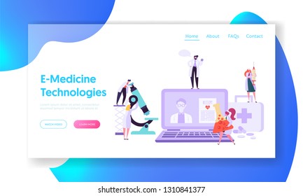 Online Healthcare Technology Concept Landing Page. Doctor Character Help Patient People with Diagnostic. Medicine Chemistry Equipment Website or Web Page. Flat Cartoon Vector Illustration