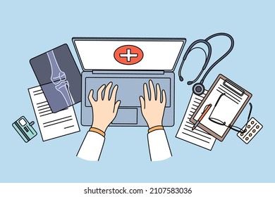 Online healthcare and telemedicine concept. Top view and flat-lay of doctors hands whiting online during virtual meeting consultation with patient vector illustration 