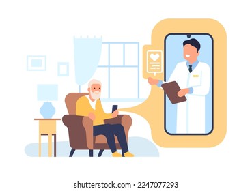 Online heart exams for elderly. Medical consultation. Appointment with doctor by smartphone. Grandfather and cardiologist mobile communication. Health checkup. Phone call