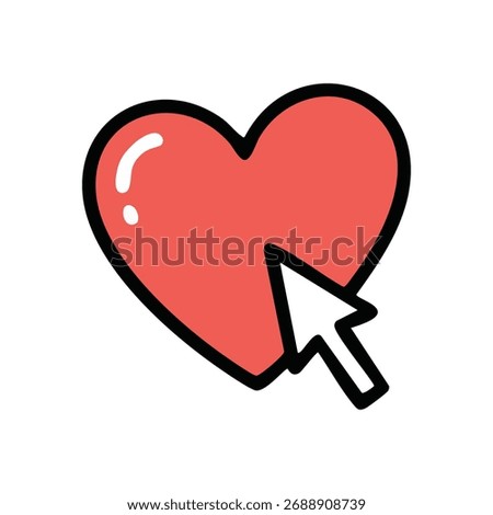 Online Heart Like Pointer. A vibrant red affection symbol with a computer cursor, depicting web interaction, expressing approval, and demonstrating care digitally.