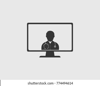 Online Heath tips Icon. Doctor on computer screen.