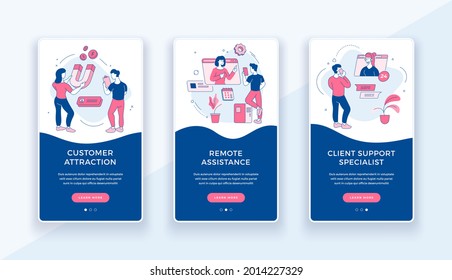 Ayuda en línea y atracción de nuevos banners para clientes. Marketing digital con estrategia web de consulta de usuarios. Publicidad exitosa en sitios web con ventas activas. Plantilla plana lineal del vector