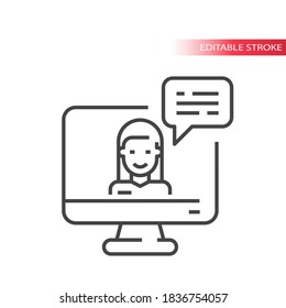 Online help chat vector icon. Girl, computer monitor and chat bubble, customer support, contact symbol, editable stroke.