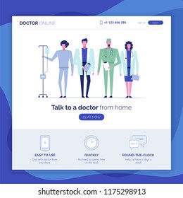Online help consultation web service doctor characters set,landing page template,healthcare app medicine concept.Medical team doctors and ready to use icons,buttons-sign up,login,clock,speech bubbles