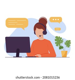 Online help desk concept. Call center female assistant with pc and headset offering virtual round-the-clock personal technical support, business customer service and advice for web problem solving. 