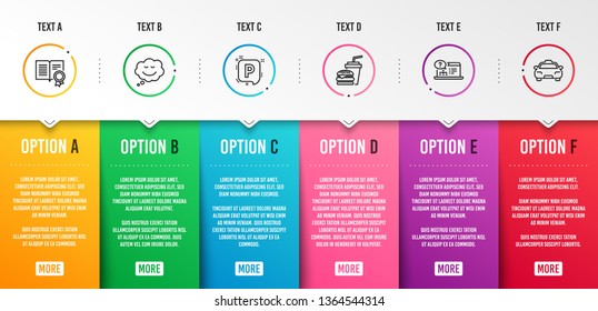 Online help, Hamburger and Diploma icons simple set. Parking, Speech bubble and Taxi signs. Web support, Burger with drink. Business set. Infographic template. 6 steps timeline. Business options