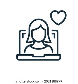 Online Help Line Icon. Computer Psychologist Support and Therapy Online with Heart Linear Pictogram. Virtual Woman Operator Outline Icon. Donate Concept. Editable Stroke. Isolated Vector Illustration.