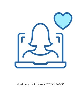 Icono de línea de ayuda en línea. Soporte y Terapia en Línea para Psicólogos Informáticos con Pictograma Lineal Cardíaco. Icono de contorno de operador de mujer virtual. Concepto de donación. Stroke editable. Ilustración de vectores aislados.