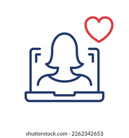 Symbol der Online-Hilfe Computer Psychologist Support und Therapie Online mit Herz Linear Piktogramm. Leitbild des virtuellen Frauenbetreibers Geberkonzept. Bearbeitbarer Stroke. Einzelne Vektorgrafik.