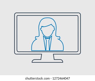 Online help line icon. Corporate women symbol on computer monitor 