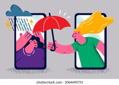 Online help and support concept. Smartphone screens with smiling woman holding umbrella over depressed sad disappointed woman vector illustration 