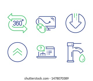 Online help, Swipe up and Computer mouse line icons set. Download arrow, 360 degree and Tap water signs. Web support, Scroll screen, Pc component. Crisis. Technology set. Vector