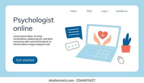 Online-Hilfe auf der Layout-Seite, Psychotherapie-Webbanner, psychische Probleme, entfernte Psychologen-Beratung auf Laptop, Support-Chat-Gruppe, Beratung im Internet, Vektorschnittstelle für Therapeuten