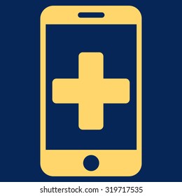 Online Help vector icon. Style is flat symbol, yellow color, rounded angles, blue background.