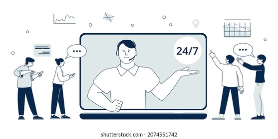Servicio de ayuda en línea. Asistencia profesional al cliente, apoyo de asesoramiento. Sistema de chat con operador de línea directa, servicio de ayuda o centro de llamadas concepto de vector reciente