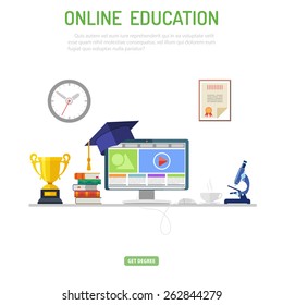 Online and Higher Education Concept with Flat Icon Set, Monitor, Microscope and Books for Flyer, Poster, Web Site. Vector Illustration.