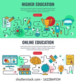 Online and Higher Education horizontal Banners with colored line icons test, diploma, distance education, books for flyer, poster, web site. vector illustration