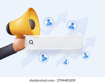 Ilustração de vetor de renderização 3D de contratação online. Mão com megafone e barra de pesquisa e seta para cima. Procura de emprego na Internet. Oportunidade de carreira. Ofereça sobre uma nova vaga. Ilustração de vetor contemporânea