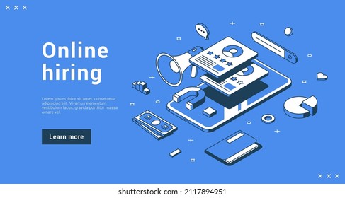 Online hiring head hunting application with vacation finding job or employee internet banner landing page isometric vector illustration. HR service recruitment business opportunity candidate hire